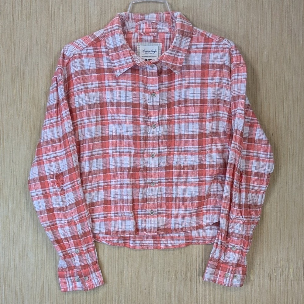 American Eagle Cropped Oversized Flannel Shirt Size M Plaid Distressed Cotton